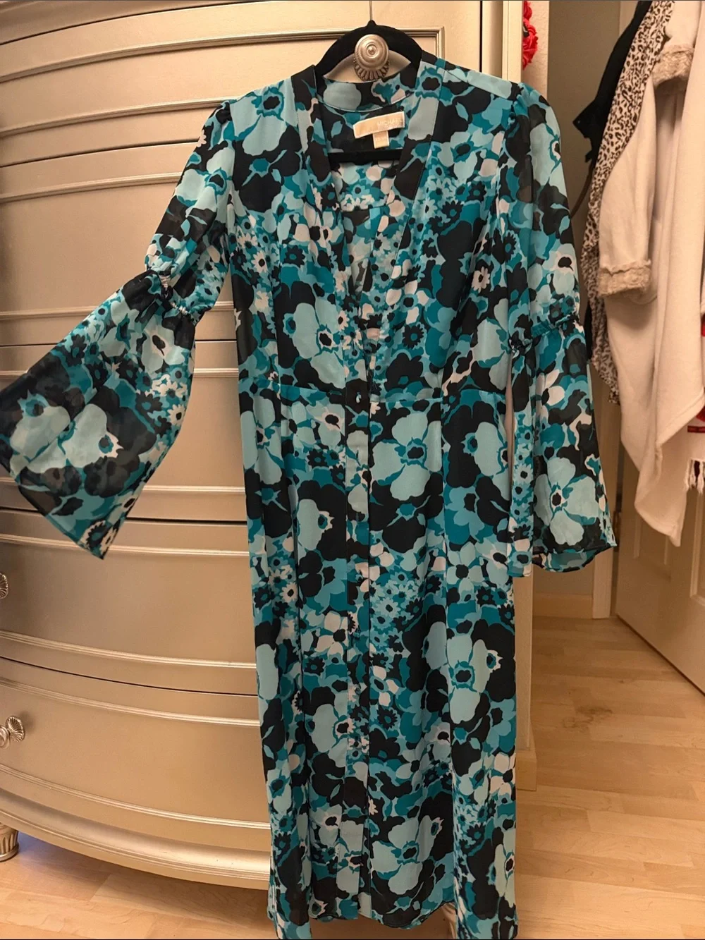 Michael Kors Floral Midi Dress in Teal and Black with belt